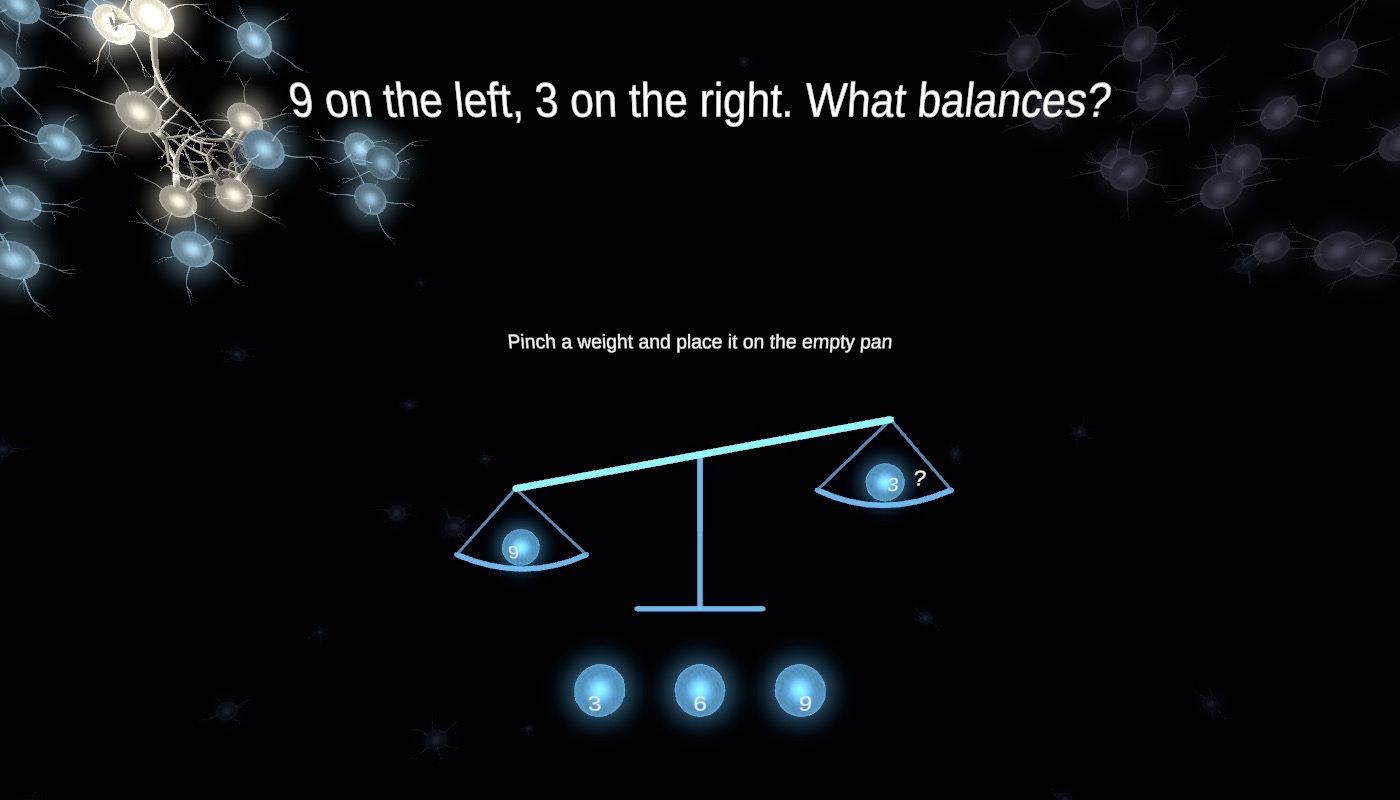 A glowing balance scale with weights to place, with a region of the brain in the distance