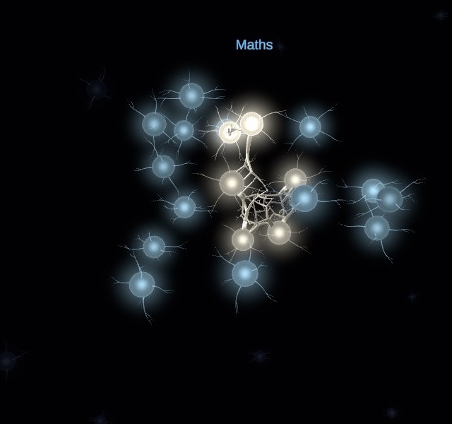 A region of glowing neurons joined by dendrites grown from correct answers