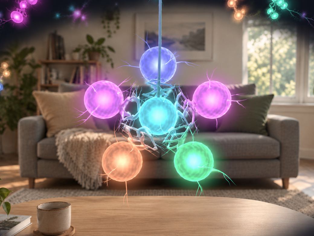 A five-petalled flower of glowing neurons above a coffee table in a living room.