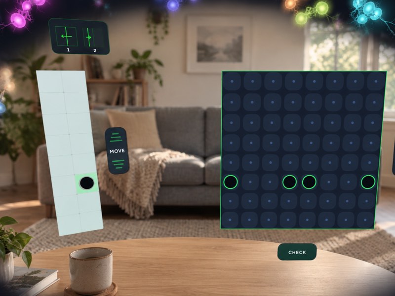 A holes puzzle in mixed reality: the folded strip with its punched hole beside the prediction grid, four holes marked and the CHECK button below.