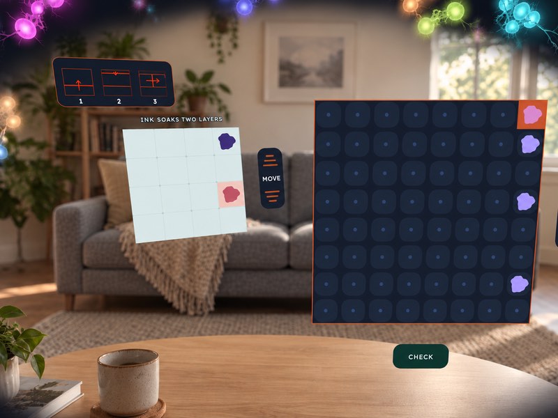An ink puzzle in mixed reality: a small folded sheet labelled Ink soaks two layers, with two stains, beside the prediction grid with four stains marked.