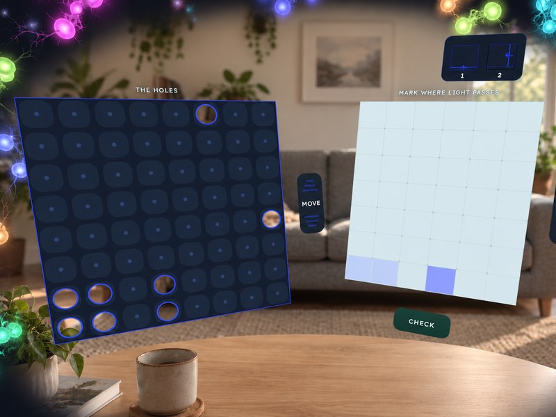 A light puzzle in mixed reality: a board labelled The holes beside a sheet labelled Mark where light passes, with two squares marked and the CHECK button below.