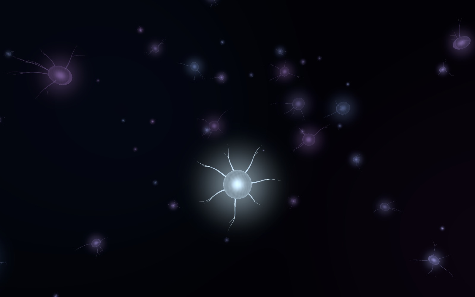 A bright seed neuron in a dark field of faint violet neurons