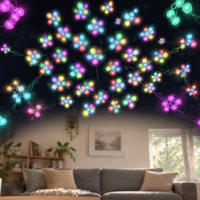 Looking up in mixed reality: a garden of small glowing neuron flowers spreads across the ceiling of a living room, ringed by larger level clusters.